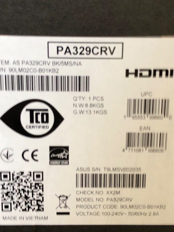 Photo 1 of ASUS ProArt Display 32” (31.5" viewable) Professional Monitor (PA329CRV) - IPS, 4K UHD (3840 x 2160), 98% DCI-P3, Color Accuracy ?E < 2, Calman Verified, USB-C PD 96W, Daisy-Chain, VESA DisplayHDR400