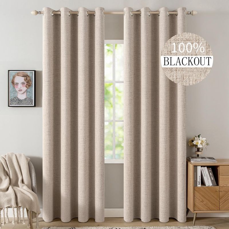 Photo 1 of 100% Blackout Linen Textured Curtains for Bedroom Solid Thermal Insulated Natural Beige Grommet Room Darkening Curtains & Drapes Luxury Decor for Living Room Nursery 52 x 84 Inch (2 Panels)