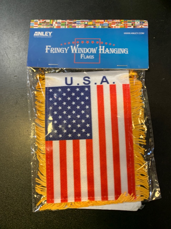 Photo 1 of Anley 4 X 6 Inch American Fringy Window Hanging Flag - Mini Flag Banner & Car Rearview Mirror Décor - Fringed & Double Sided - US National Hanging Flag with Suction Cup