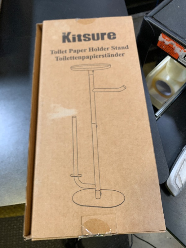 Photo 1 of Kitsure Toilet Paper Holder Stand - Spacious Toilet Paper Storage for 4 Rolls, Rustproof Bathroom Organizers and Storage with Shelf for Phone & Small Items, 9.1"×5.8"×27.6", Black