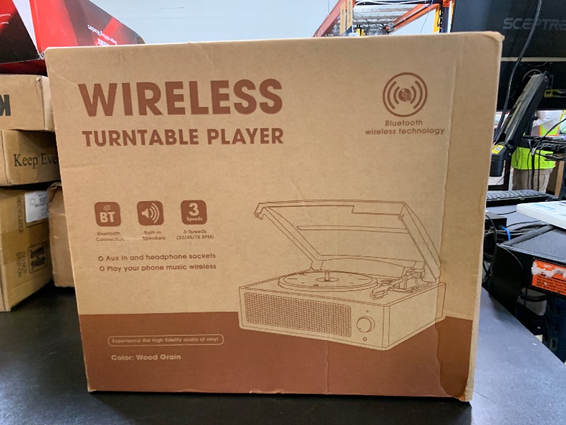 Photo 1 of Record Player for Vinyl with 2 Build-in Speakers LP Vinyl Players Belt-Driven Vintage Turntables 3 Speed 3 Size, Wireless Bluetooth Playback, AUX-in, RCA Out, Headphone, Auto Stop Wood