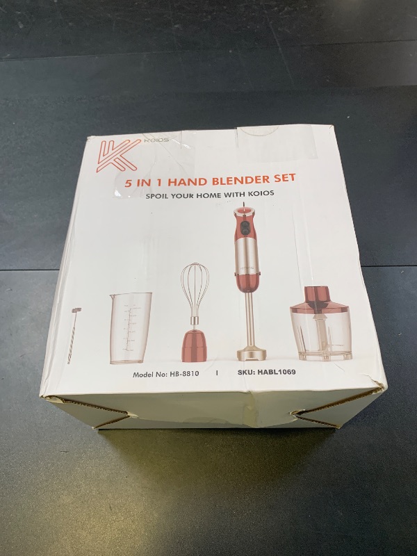 Photo 1 of KOIOS 5-in-1 Hand Immersion Blender, 1000W 12 Speed Handheld Blender Stick with Copper Motor Stainless Steel Blade, 600ml Mixing Beaker,500ml Food Processor, Whisk, Milk Frother, Non-BPA, Red