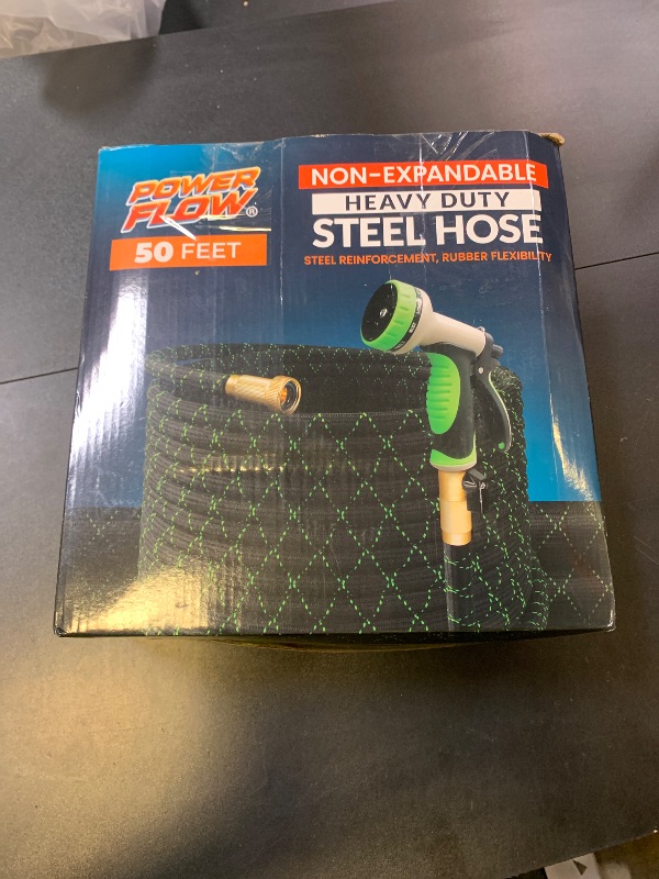 Photo 1 of PowerFlow Garden Hose, NON-EXPANDABLE 50 Feet Premium Quality Stainless Steel Metal Water Hose with Durable Fabric Skin, Hose For Commercial, Residential Use, Bonus 10-way Spray Nozzle (50 Ft, Black)