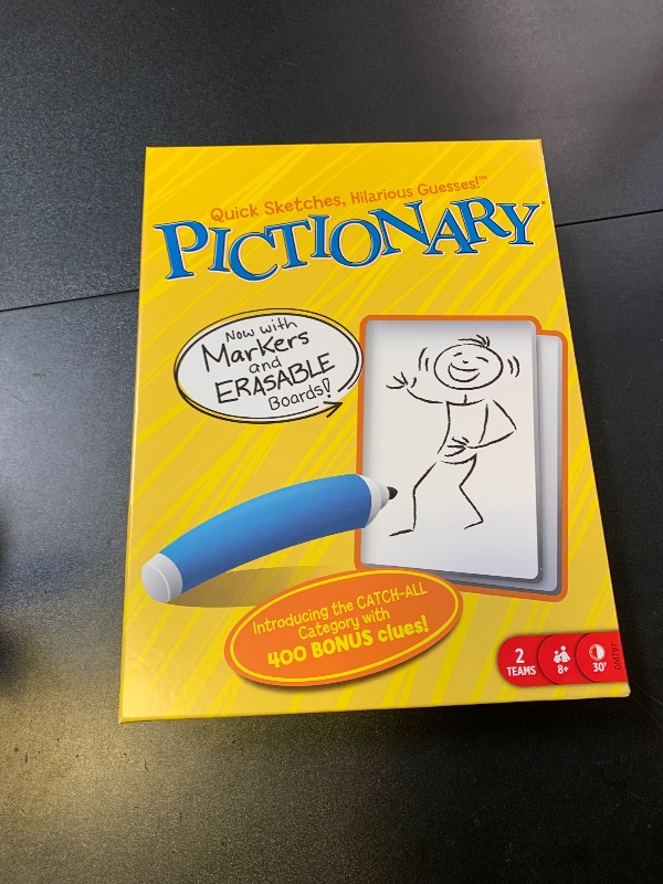 Photo 1 of Mattel Games Pictionary Family Board Game for Kids, Adults and Game Night for 2 Teams with Erasable Markers, Boards and Sand Timer