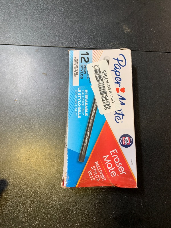 Photo 1 of Paper Mate EraserMate Erasable Pen, Medium Point, Black, Box of 12