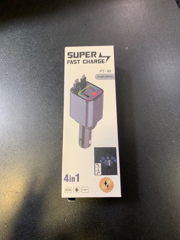 Photo 1 of 4 in 1 Retractable Car Charger,69W USB-C Fast Car Charger, for iPhone16/15/14/13/12,Cigarette Lighter Charger (Grey, for Apple+Type C &RGB Breathing Light [Pink])