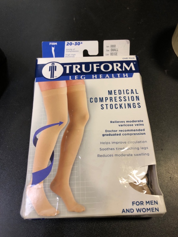 Photo 1 of Truform 20-30 mmHg Compression Stockings for Men and Women, Thigh High Length, Dot Top, Closed Toe, Beige, Small