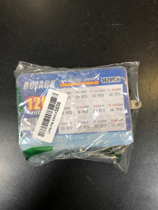Photo 1 of BOJACK 12 Values 120 pcs Slow Blow Glass Fuses Assortment Kit 5x20mm 250V T0.5A 1A 1.25A 1.6A 2A 2.5A 3A 3.15A 4A 5A 6.3A 10A packag in a Clear Plastic Box
