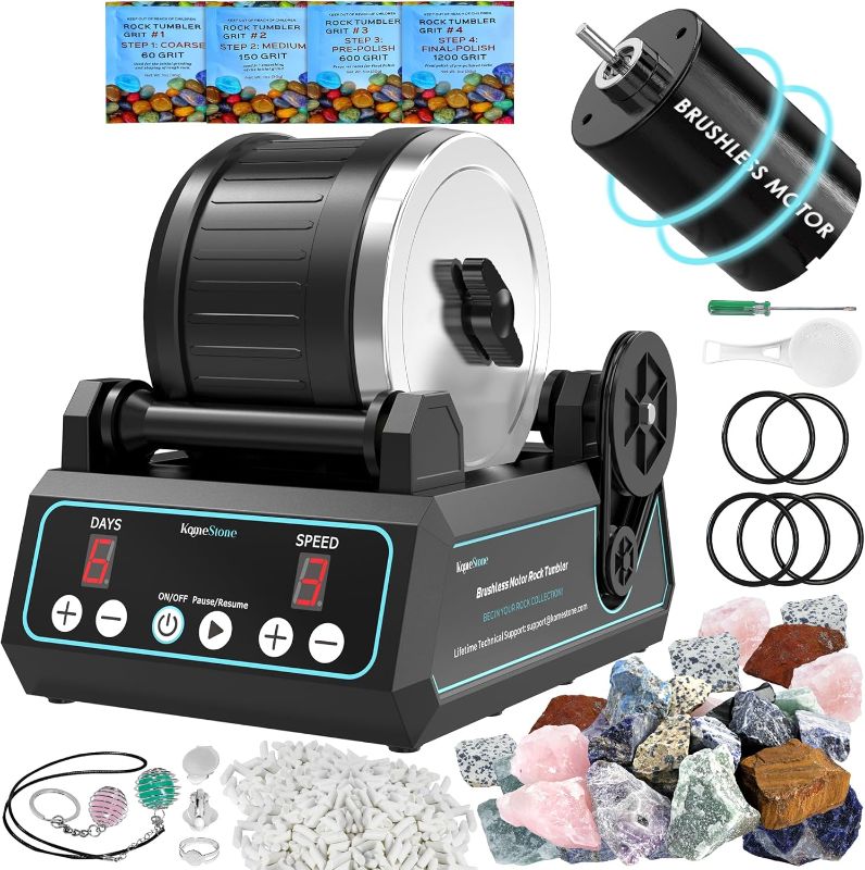 Photo 1 of K1 Pro Professional Cutting-Edge Brushless Motor Advanced Rock Tumbler Polisher Kit, Extra Large 2.5Lb Barrel with 3-Speed Motor 9-Day Timer, 6 Belts, Rough Gemstones, 4 Polishing Grits etc.