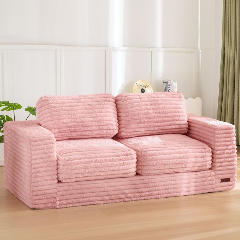 Photo 1 of MAXYOYO Bean Bag Chair, Two-seat Bean Bag Sofa with Pillows and Armrests for Adults, Upholstered Loveseat Floor Sofa Couch Fluffy Chair Bean Bag Couch for Bedroom Living Room, Pink