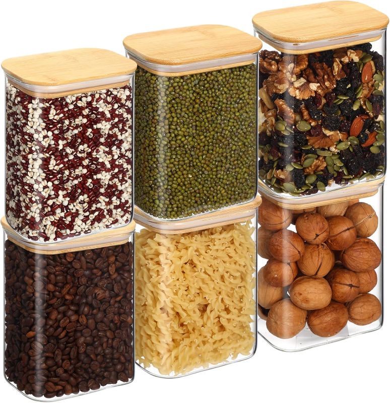 Photo 1 of Suclain 6 Pcs 37 oz Rectangle Glass Jars with Bamboo Lids Airtight Food Storage Containers Coffee Containers for Countertop Pantry Storage Kitchen Jars for Sugar Spice Cookie Rice Flour Pasta Candy
