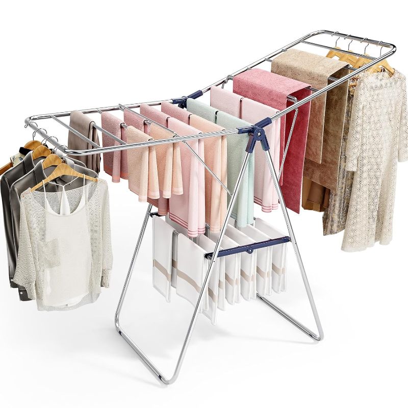 Photo 1 of Clothes Drying Rack, Stainless Steel Drying Rack Clothing with Height-Adjustable, Foldable Gullwings Laundry Drying Rack, Indoor Outdoor Use, No Assembly