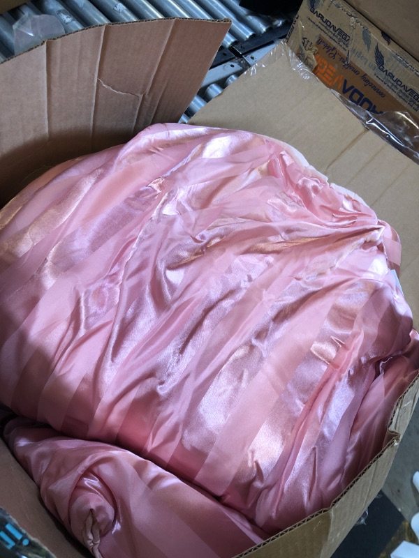 Photo 1 of P Pothuiny 5 Pieces Satin Striped Duvet Cover Full/Queen Size Set, Luxury Silky Like Blush Pink Stripe Duvet Cover Bedding Set with Zipper Closure, 1 Duvet Cover + 4 Pillow Cases (No Comforter)