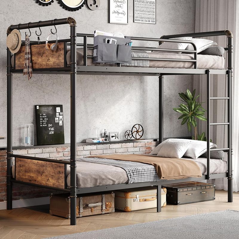 Photo 1 of Metal Bunk Bed Twin Over Twin, Industrial Bunkbeds Heavy Duty Bed with Safety Guard Rails and Space-Saving Design, Steel Bed for School, Bedroom (Vintage Brown)
