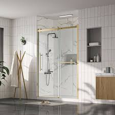 Photo 1 of 60 in. W x 75 in. H Brushed Gold Frameless Sliding Shower Door with Magnetic Door to Reduce Noise When Closing