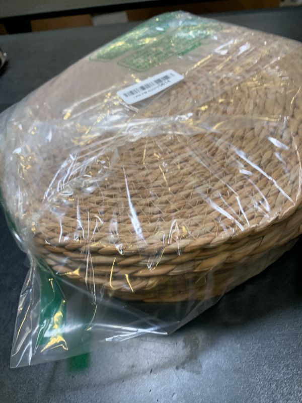 Photo 1 of 13 in Round Woven Placemats Plate Chargers Set of 10, Boho Farmhouse Rustic Woven Place Mats for Dining Table Decor, Rattan Wicker Table Mats Jute Braided Chargers for Dinner Plates