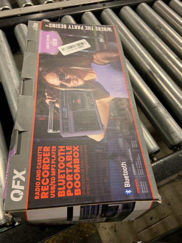 Photo 1 of QFX J-220BT Purple Boombox MP3 Conversion from Radio to Cassette with 4-Band (AM, FM, SW1, SW2) Radio with Bluetooth, Dual 3” Speakers, Built-in Microphone, Recorder, and a 3-Band Equalizer