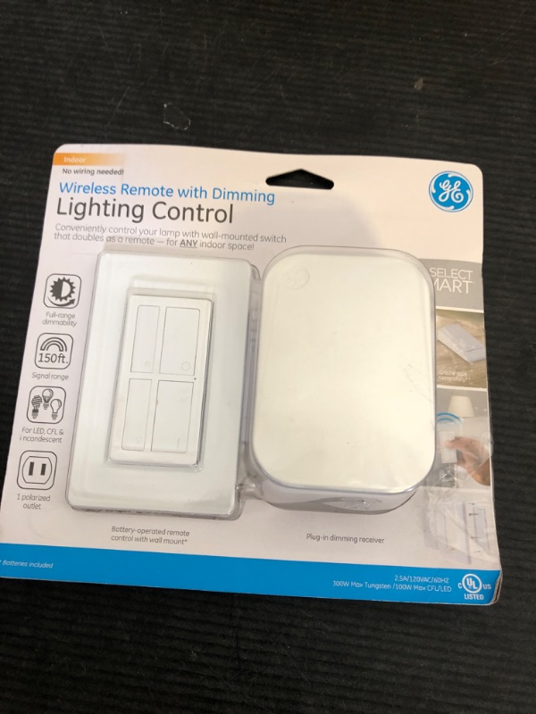 Photo 1 of GE Dimmable Wireless Control Switch, On/Off & Full, 1 Outlet, 150 ft. Range from Plug-in Receiver, Ideal for Lamps & Indoor Lighting, No Wiring Needed, 37781, Dimming Remote