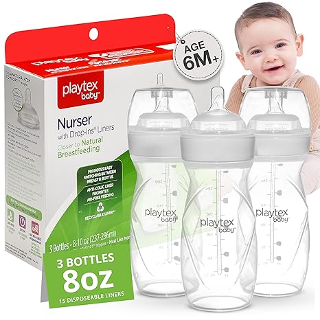 Photo 1 of Playtex Baby Anti-Colic Nurser Bottle with Pre-Sterilized Disposable Drop-Ins Liners, 8 Oz Bottles (3 Count), Bottles for Newborn and Breastfeeding Babies, Feeding Essentials