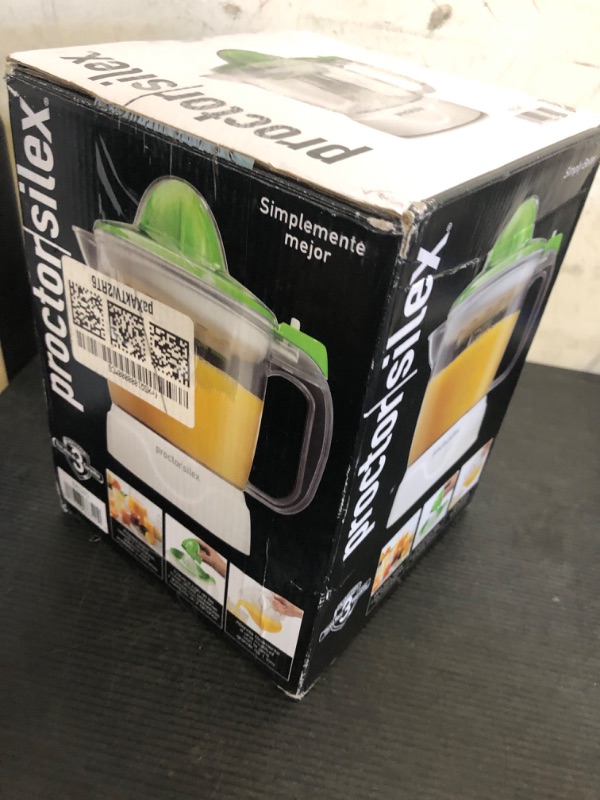 Photo 1 of Proctor Silex Electric Citrus Juicer Machine, Large 34 oz. Pitcher, Pressure Activated, 2 Reamers for Big and Small Fruit, Pulp Control, for Orange, Lemon, Grapefruit Juice, White & Green (66340)