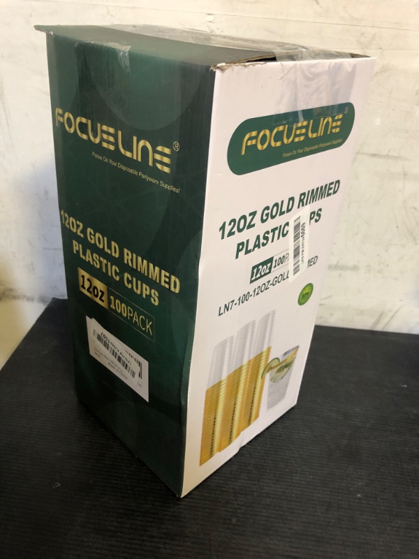 Photo 1 of FOCUSLINE 100 Pack 12 oz Gold Rimmed Plastic Cups, 12 Ounce Clear Plastic Tumblers, Heavy-duty & Fancy Disposable Hard Cups with Gold Rim for Wedding