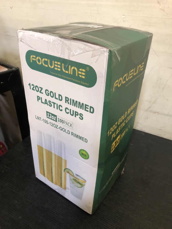 Photo 1 of FOCUSLINE 100 Pack 12 oz Gold Rimmed Plastic Cups, 12 Ounce Clear Plastic Tumblers, Heavy-duty & Fancy Disposable Hard Cups with Gold Rim for Wedding