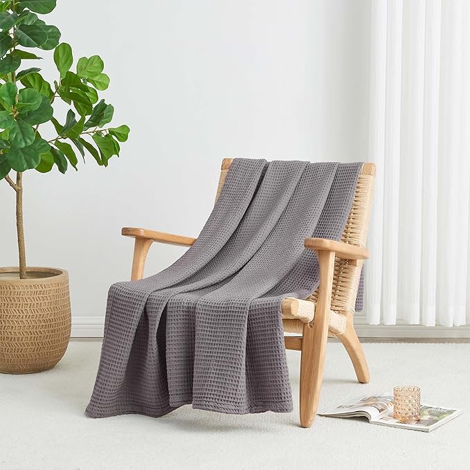 Photo 1 of 100% Cotton King Size Bed Blanket - Grey Waffle Weave Lightweight Summer Layering Blanket - 102x90in Prewashed Breathable, Woven