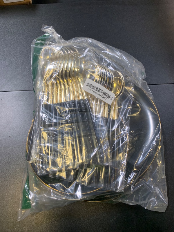 Photo 1 of 150pcs Black Plastic Plates, Black and Gold Plates,Gold Plastic Silverware,Black and Gold Dinnerware Set,Premiun Taleware,Perfect for Birthday,Party,Wedding,Anniversary