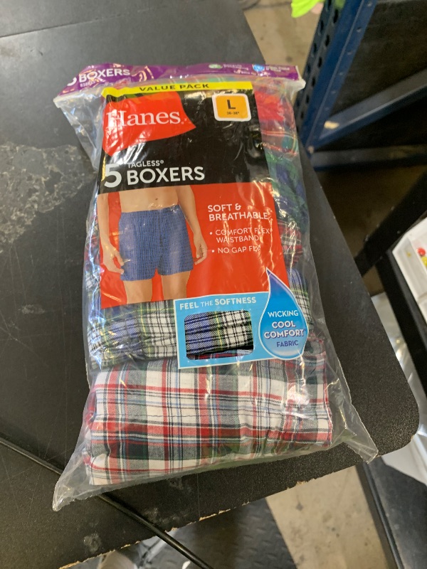 Photo 1 of Hanes Men's Tagless Boxer With Exposed Waistband Multi-Packs, 5 Pack - Assorted Plaid, Large