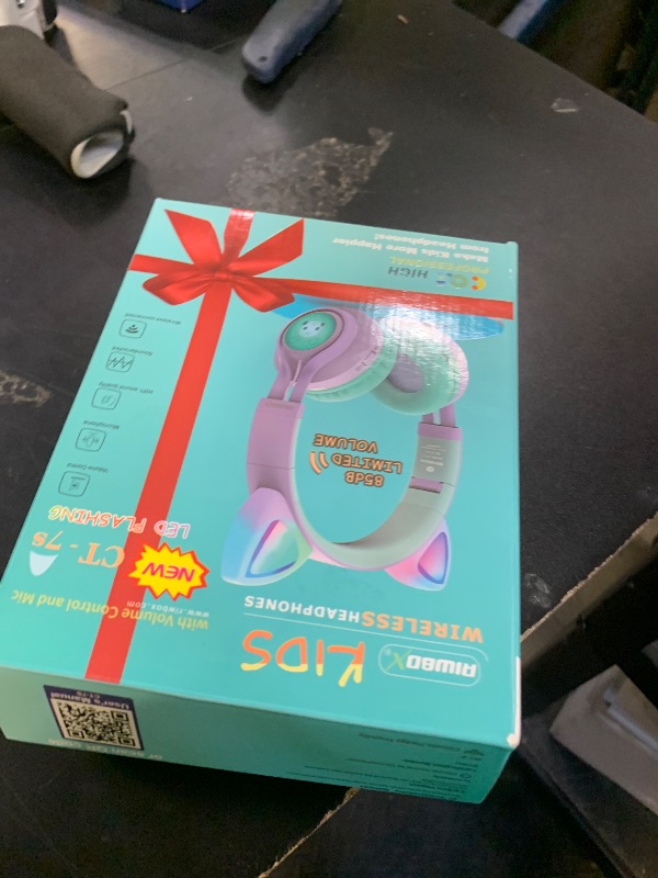 Photo 1 of Riwbox Kids Wireless Headphones, CT-7S Cat Ear Bluetooth, 85dB Volume Limiting, LED Light Up Over Ear with Microphone for Laptop/PC/TV (Purple&Green)