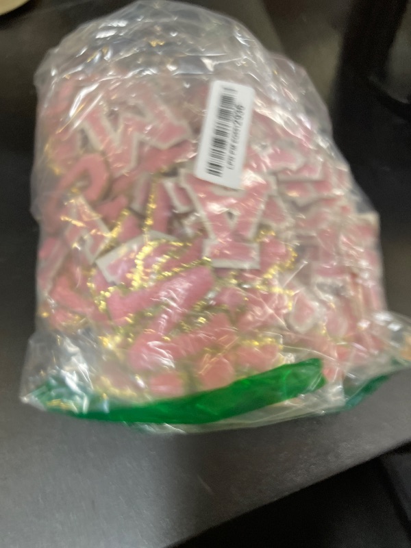 Photo 1 of 104 Pcs Letter Patch Iron on Chenille A-Z Repair Alphabet Applique Patches Embroidered Letter Sew on with Gold Border for Bags Shirts(2.36'',Pink)