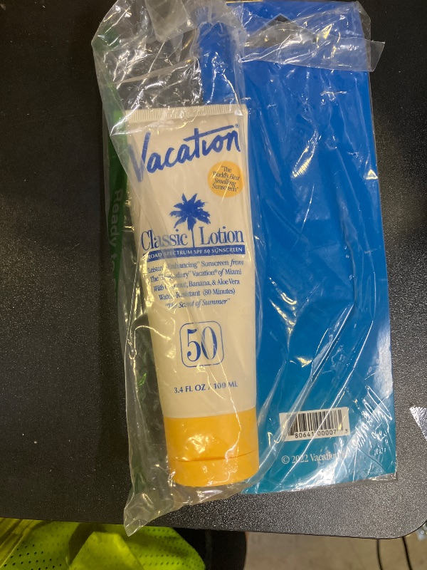 Photo 1 of Vacation Classic Sunscreen Lotion SPF 50 & Air Freshener Bundle, Water-Resistant, Lightweight, Transparent on All Skin Tones, Dermatologist-Tested, Vegan, Travel Size, 3.4 Fl. Oz.