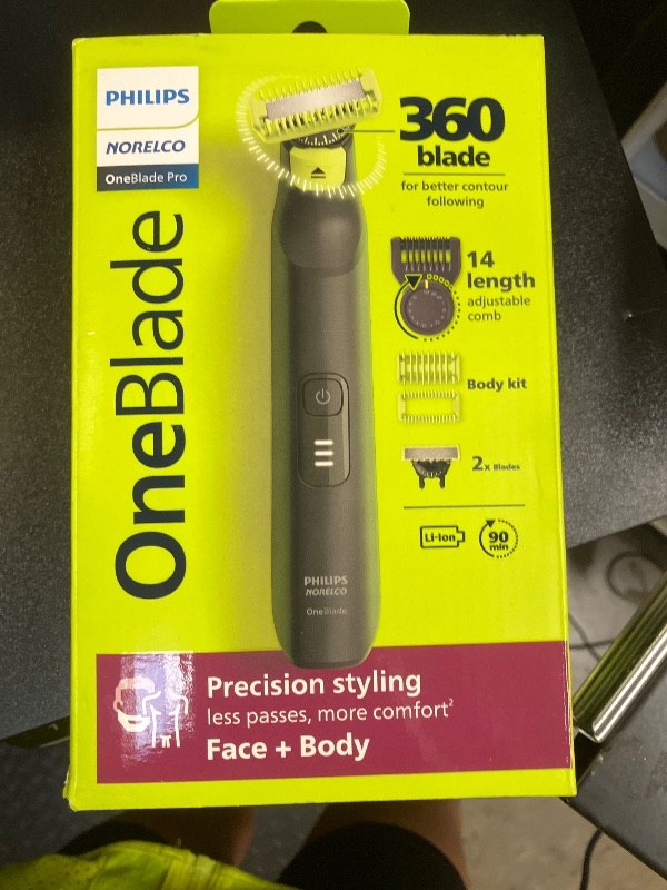 Photo 1 of Norelco Philips OneBlade Pro 360 Face + Body, Electric Shaver, Beard Trimmer and Body Groomer, with 360 Blade Technology, 14-Length Precision Comb, Body Kit, Soft Pouch, Model QP6542/70