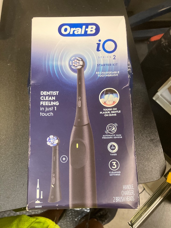 Photo 1 of Oral-B iO Series 2 Rechargeable Electric Powered Toothbrush Starter Kit, Night Black with 2 Brush Heads - Automatic Pressure Sensor to Protect Gums - 3 Modes - 2 Min Timer