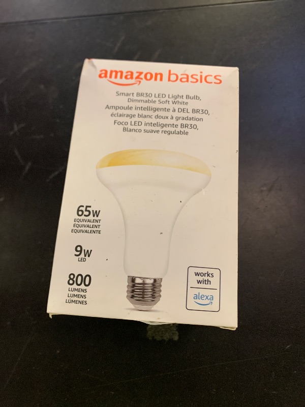 Photo 1 of Amazon Basics Smart BR30 LED Light Bulb, Dimmable Soft White (2700K), 9W (60W Equivalent), 800LM, Works with Alexa Only, 2.4 GHz Wi-Fi, No Hub Required, 1 Pack