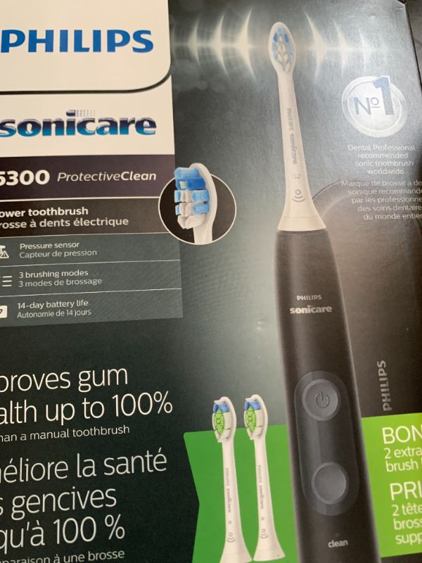 Photo 1 of Philips Sonicare ProtectiveClean 5300 Rechargeable Electric Toothbrush, with Pressure Sensor, 3 Cleaning Modes, SmarTimer and QuadPacer, with 2 Bonus Brush Heads, Travel Case, Black, Model HX6423/34