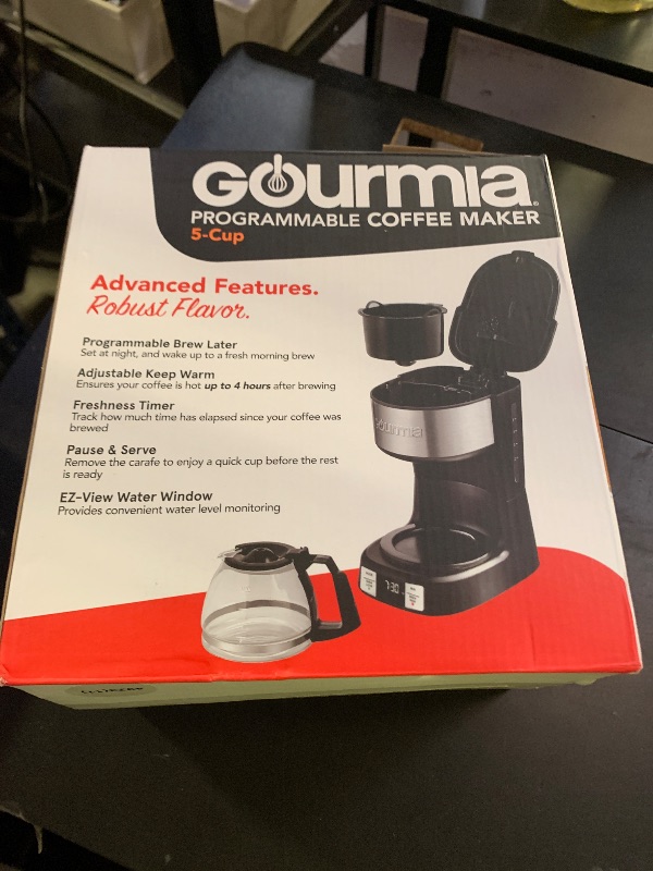 Photo 1 of Gourmia GCM3518 5-Cup Programmable Drip Coffee Maker, Brew Later Timer, Adjustable 4-Hr Keep Warm, Pause & Serve, Freshness Timer, 700 W Compact Glass Carafe, EZ-View Water Window