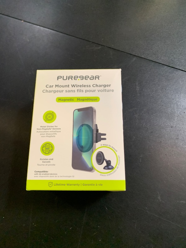 Photo 1 of PureGear MagSafe Compatible Qi-Certified Fast Magnetic Wireless Round Car Charger for iPhone 15, 15 Pro, 14, 14 Plus, 14 Pro Max, 13, 12, Qualcomm Car Charger, Charging Cable, AirVentClip+Dash Mount