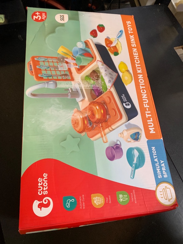 Photo 1 of CUTE STONE Pretend Play Kitchen Sink Toys with Play Cooking Stove, Pot and Pan with Spray Realistic Light and Sound, Dish Rack & Play Cutting Food, Utensils Tableware Accessories for Kids Toddlers