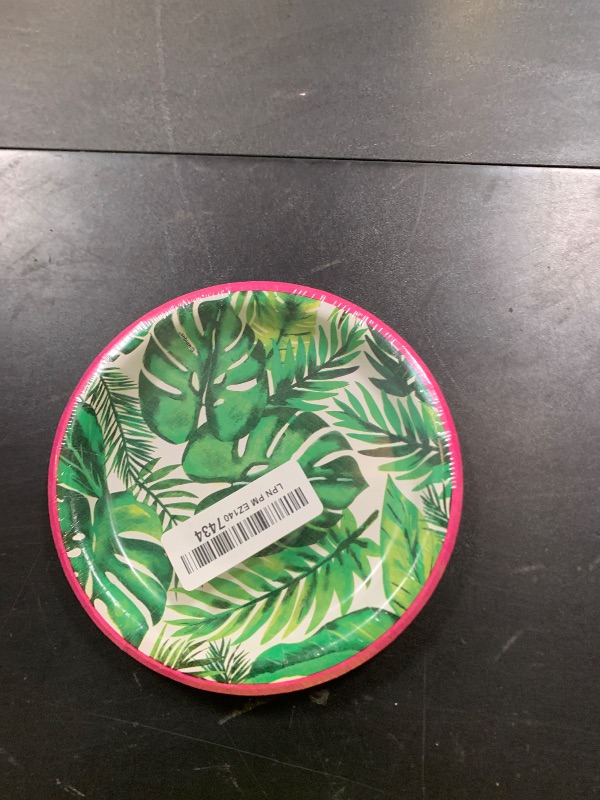 Photo 1 of Unique Palm Leaves Round Dessert Paper Plates - 7" (Pack of 8) - Stylish Tropical Tableware, Perfect for Luau, Tiki, Hawaiian, Pool, and Cocktail Parties