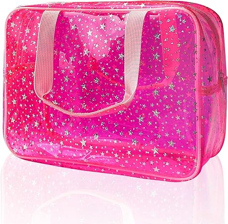 Photo 1 of TotePrint Clear Star Large Cosmetic Bag and Travel Pouch with Handle,Durable Material,Zipper Design-Ideal for Makeup,Travel Essentials (Blue)