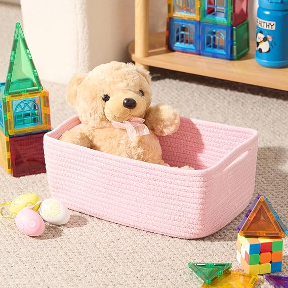 Photo 1 of MiniArk Small Storage Baskets for Organizing | Closet Organizer Bins | Shelf Toy Basket | Woven Rope Baskets | Cube Decorative Box | Shallow Basket | 13x8.5x5.1” |  Light Pink