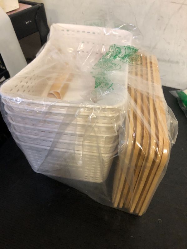 Photo 1 of Bagnizer Small Plastic Storage Bins with Bamboo Lids 5.2qt Stackable Box Basket Pantry Decorative Containers Cute with Lable for Organizing Desktop Closet Office Cream White of 6 packs 10*7.2*4.1'’