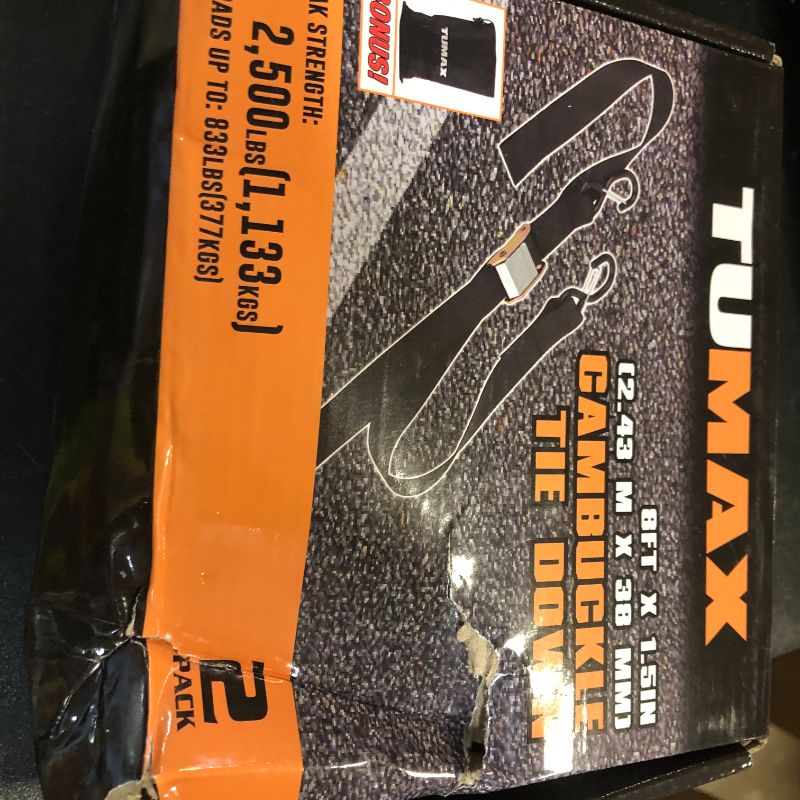 Photo 1 of TUMAX Tie Down Strap Cambuckle Strap - 2500lbs Break Strength, 1.5 in x 8ft Cargo Straps with Safety S-Hooks, Heavy Duty Cam Buckle Strap for Moving Lawn Equipment, Cargo Appliances, Motorcycle, 2PK