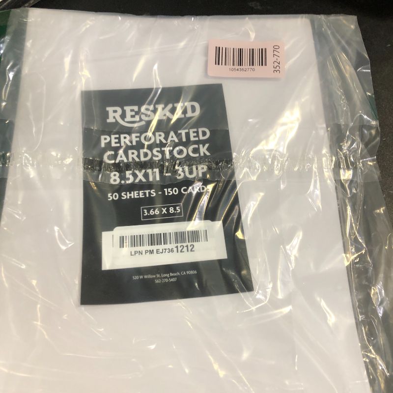 Photo 1 of Reskid 50-Sheet Pack Of 110lb White Cardstock Thick Perforated Paper, 8.5x11 With 3 Per Page - 3.66x8.5 - Blank Heavy Weight Cover Card Stock - 50 Sheets With 150 Cards (3up - 3.66x8.5)