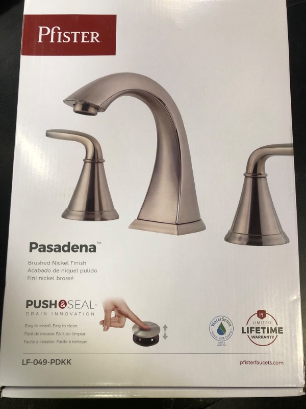 Photo 1 of Pfister Pasadena Bathroom Sink Faucet, 8-Inch Widespread, 2-Handle, 3-Hole, Brushed Nickel Finish, LF049PDKK