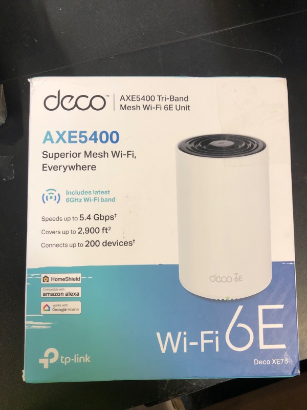 Photo 1 of TP-Link Deco XE75 AXE5400 Tri-Band WiFi 6E Mesh System - Covers up to 2900 Sq.Ft, Replaces WiFi Router and Extender, AI-Driven Mesh, New 6GHz Band, 1-Pack