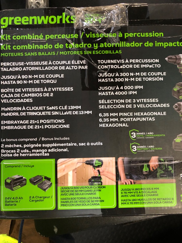 Photo 1 of Greenworks 24V Cordless Brushless 800in-Ibs Drill & 2650 in-ibs Impact Driver Combo Kit with 4.0Ah Battery and Charger