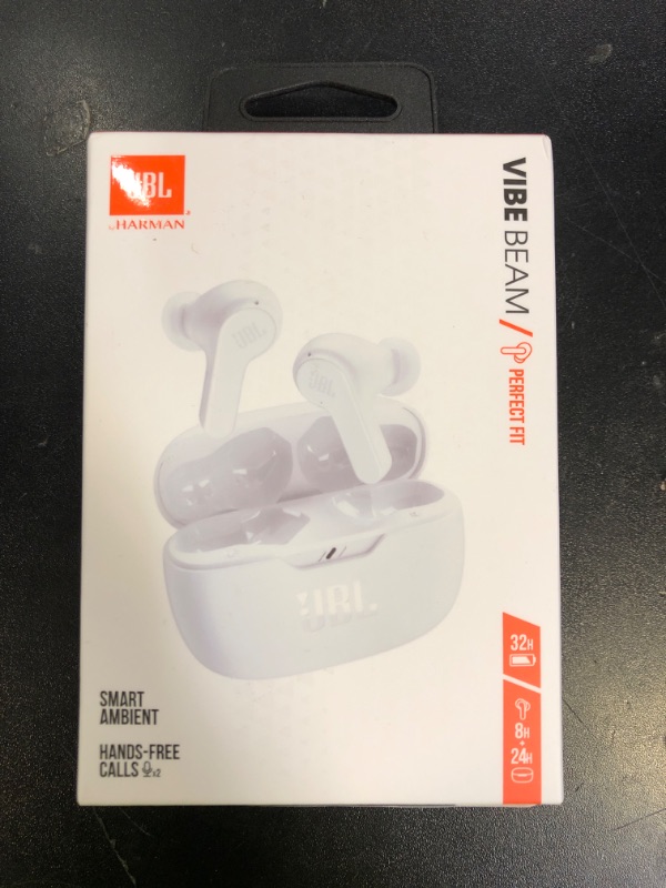 Photo 1 of JBL Vibe Beam - True Wireless JBL Deep Bass Sound Earbuds, Bluetooth 5.2, Water & Dust Resistant, Hands-free call with VoiceAware, Up to 32 hours of battery life (White)