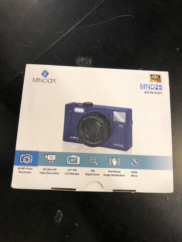 Photo 1 of Minolta 48MP Autofocus Digital Camera with Selfie Mirror – 4K Ultra HD Video, 16x Digital Zoom, 3.0” LCD, Face Detection, Smile Capture, Scene Modes, Rechargeable Battery, Memory Card (Blue)